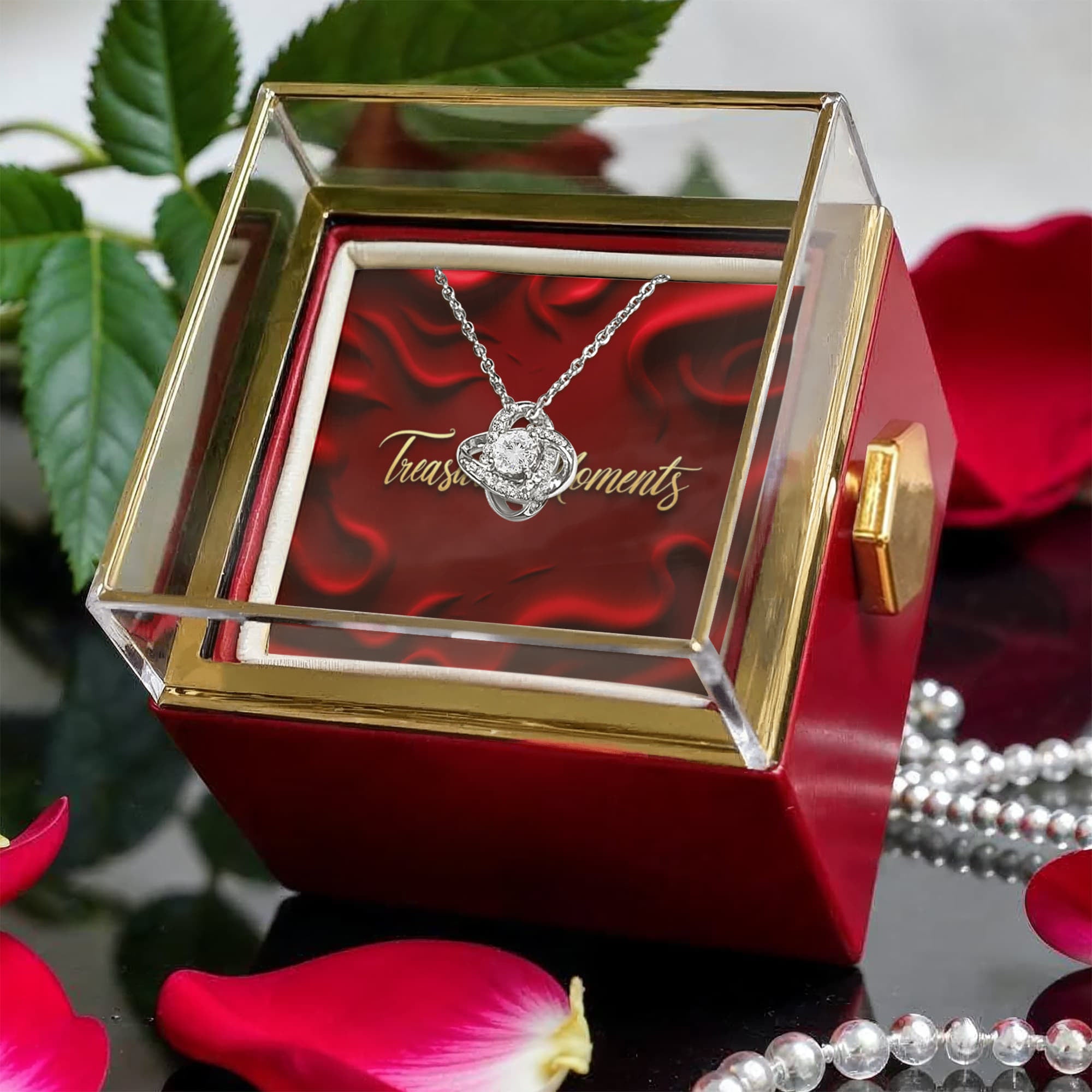 Love Knot Necklace With Rotating Rose Gift Box